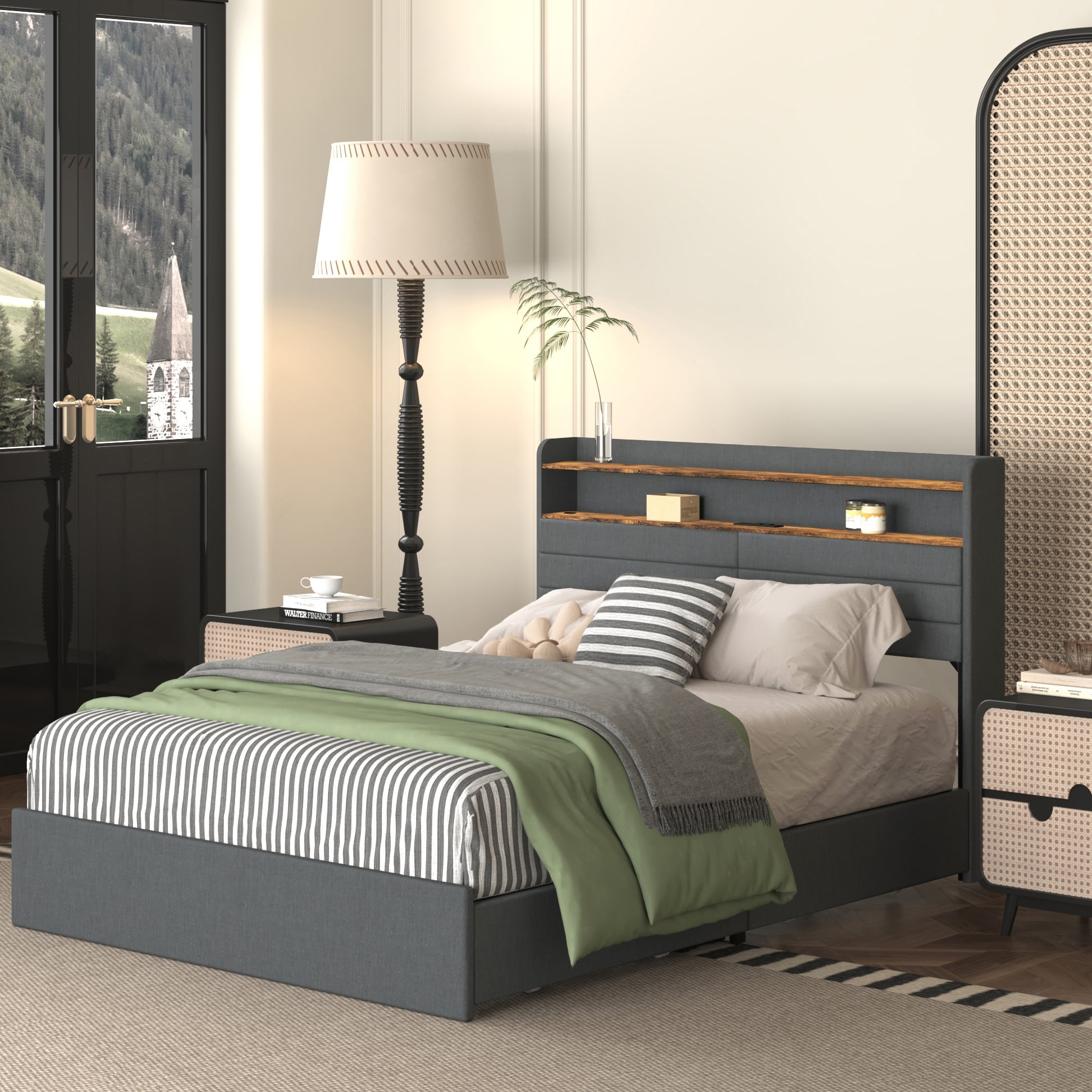 Miniyam Queen Size Bed with LED Headboard, Storage Drawers, USB Charging Ports for Adults