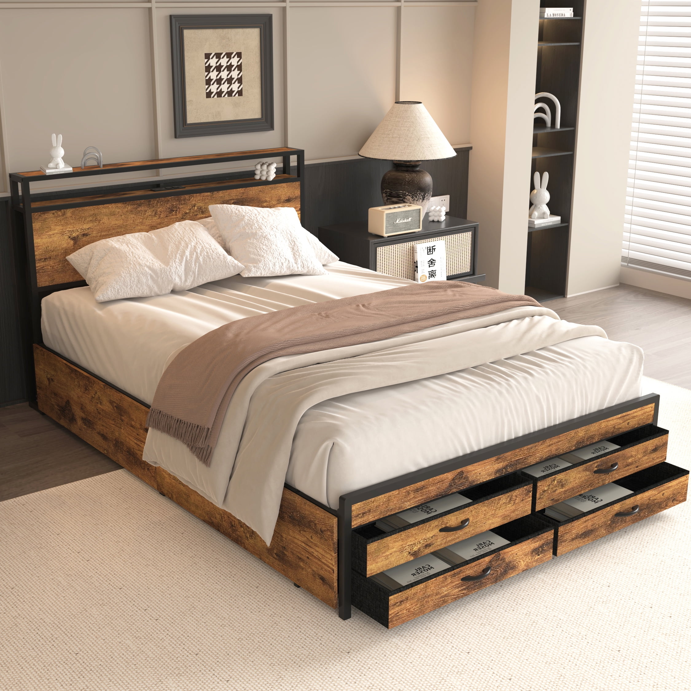 Miniyam Queen Size Bed with Storage Drawers, Charging Station for Adult, Brown