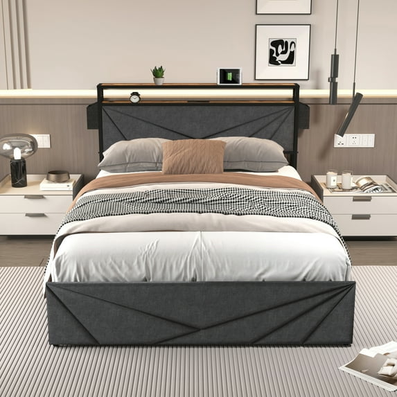 Miniyam Queen Size Bed with Storage Headboard, Charging Station, Drawers for Adult, Black