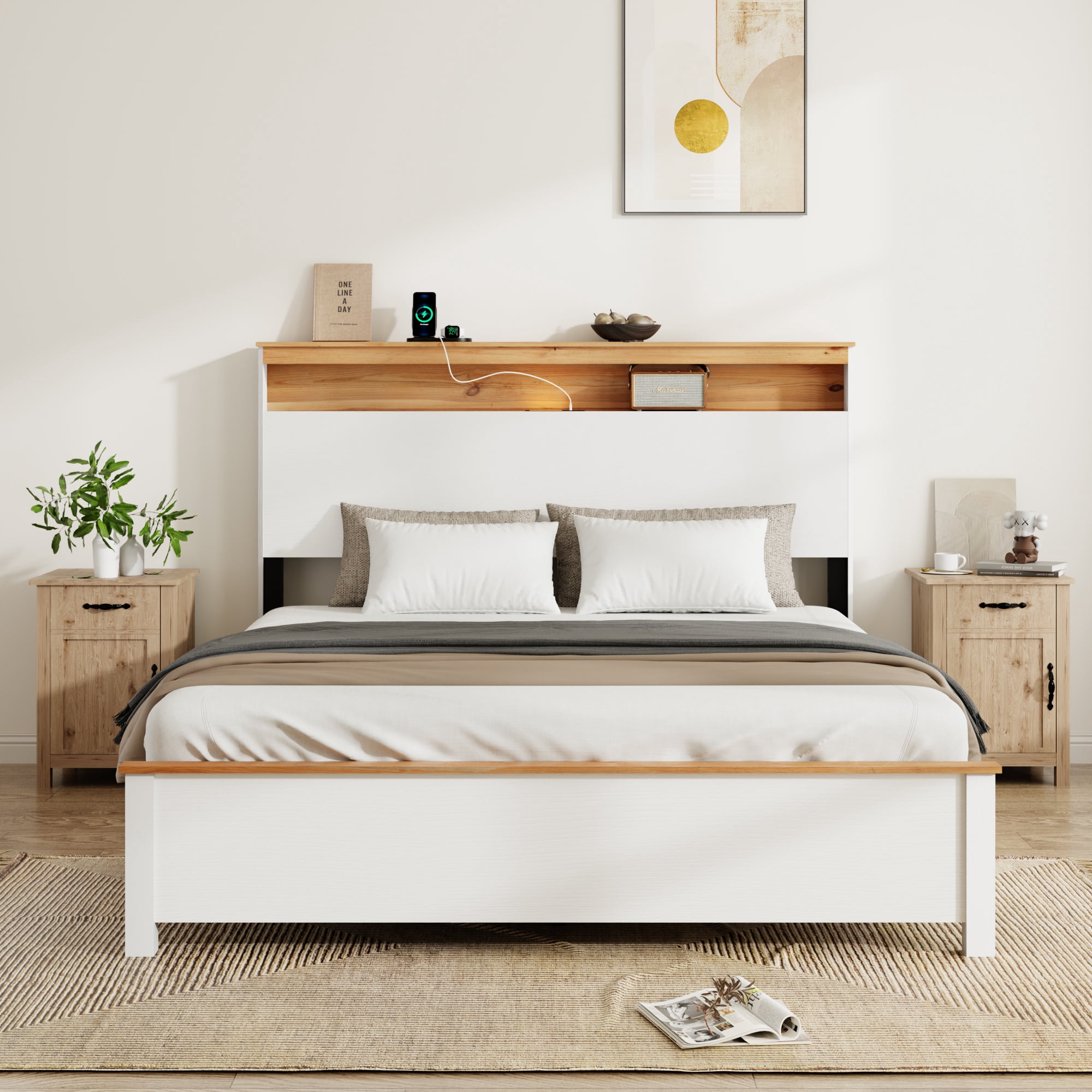 Miniyam Queen Size Bed with Storage Headboard, USB & Type-C Charging Station, LED Touch Light for Adults & Teens