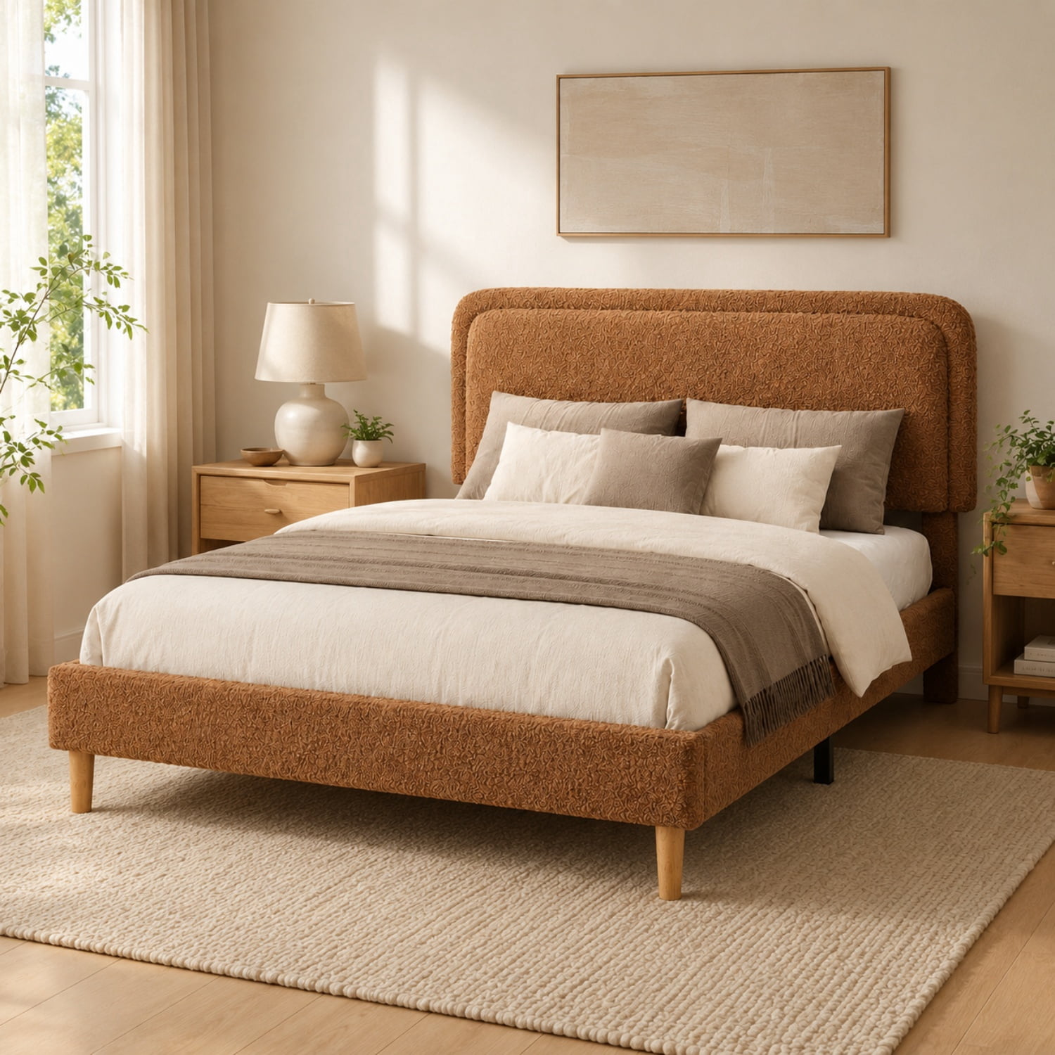 Miniyam Queen Size Boucle Upholstered Platform Bed Frame with Adjustable Headboard and Wood Slat Support, Brown