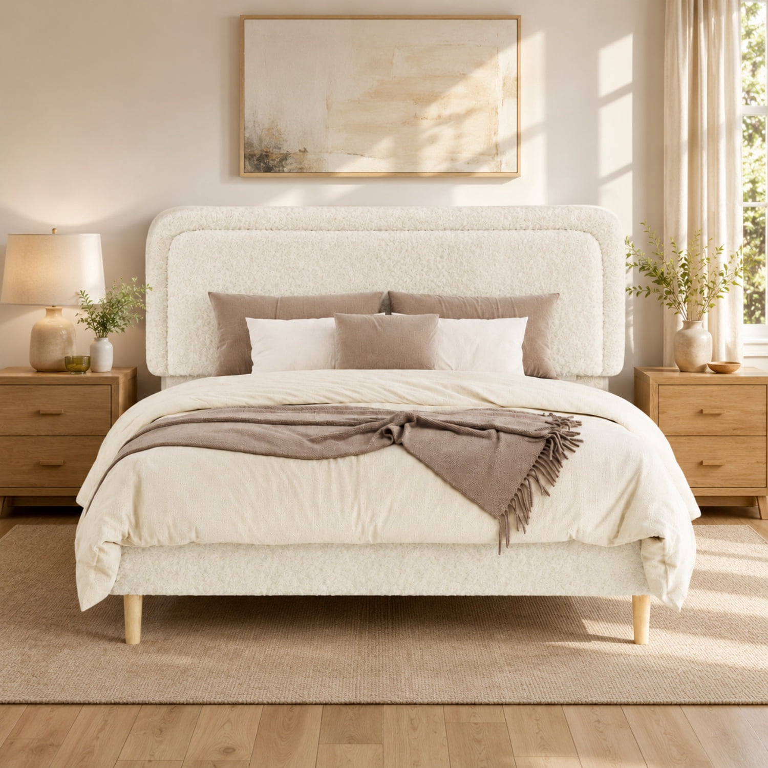 Miniyam Queen Size Boucle Upholstered Platform Bed Frame with Adjustable Headboard and Wood Slat Support, White