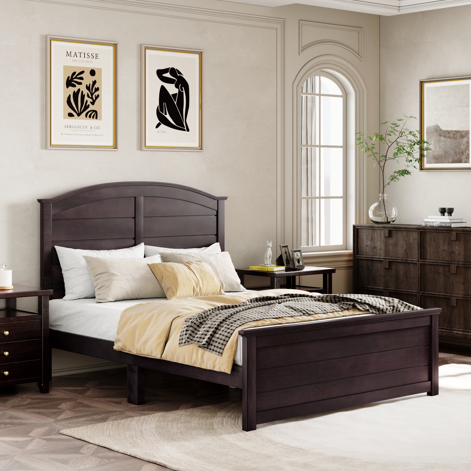 Miniyam Queen Size Farmhouse Wooden Platform Bed with High Headboard and Footboard, Espresso