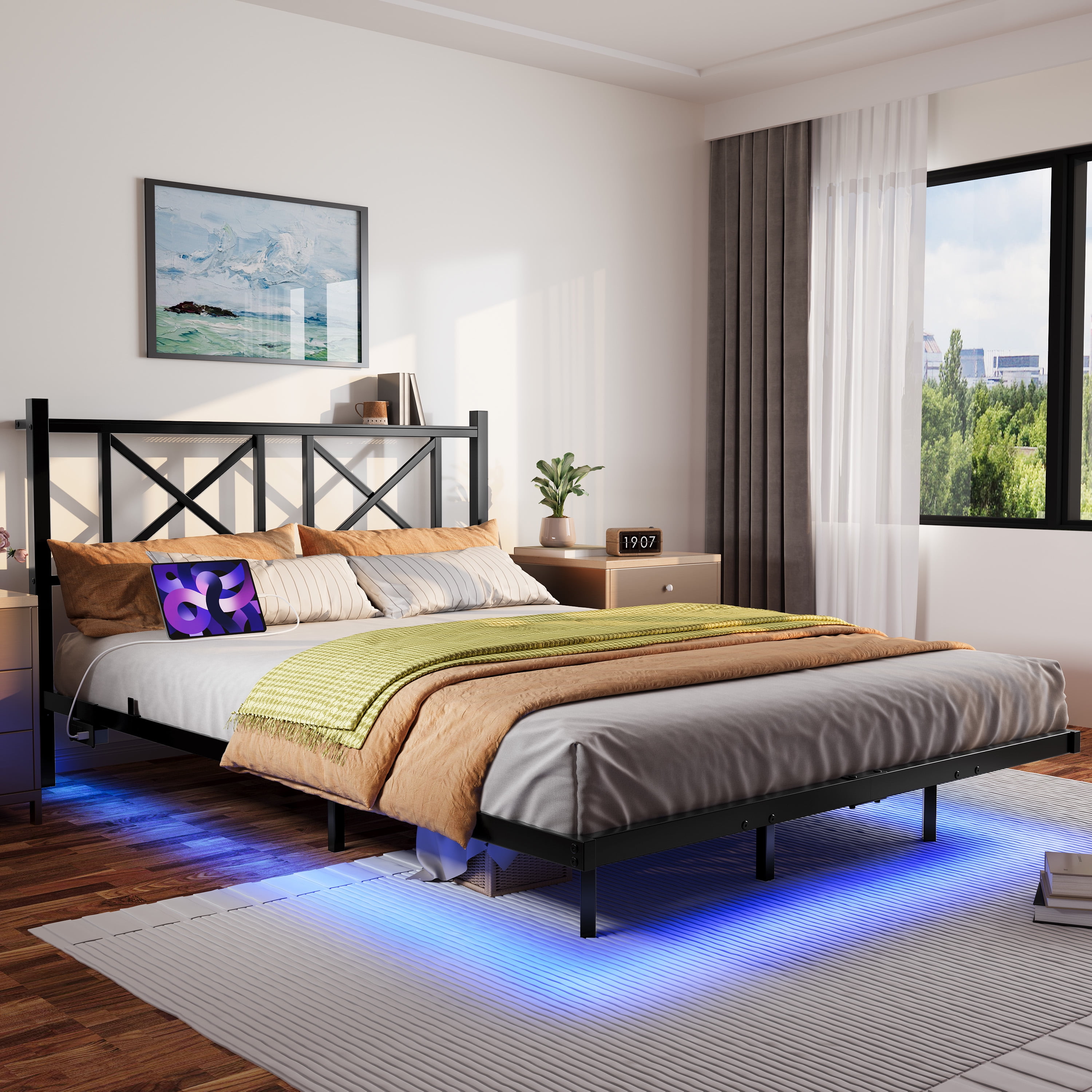 Miniyam Queen Size Floating Metal Platform Bed with RGB LED Lights, Storage Headboard with AC & USB Charging Ports, Black