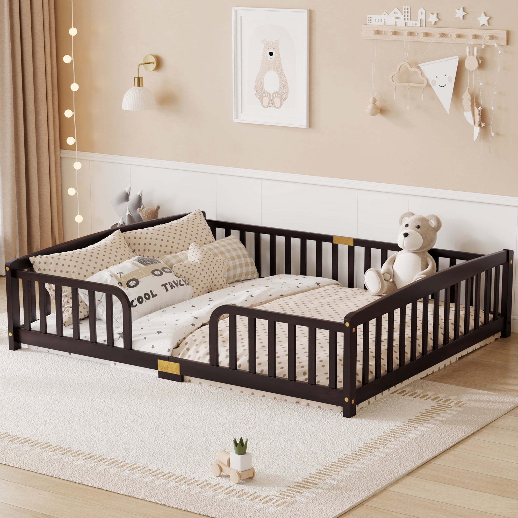 Miniyam Queen Size Kids Floor Bed with Guardrails, Low-to-Ground Montessori Wood Bed, Espresso
