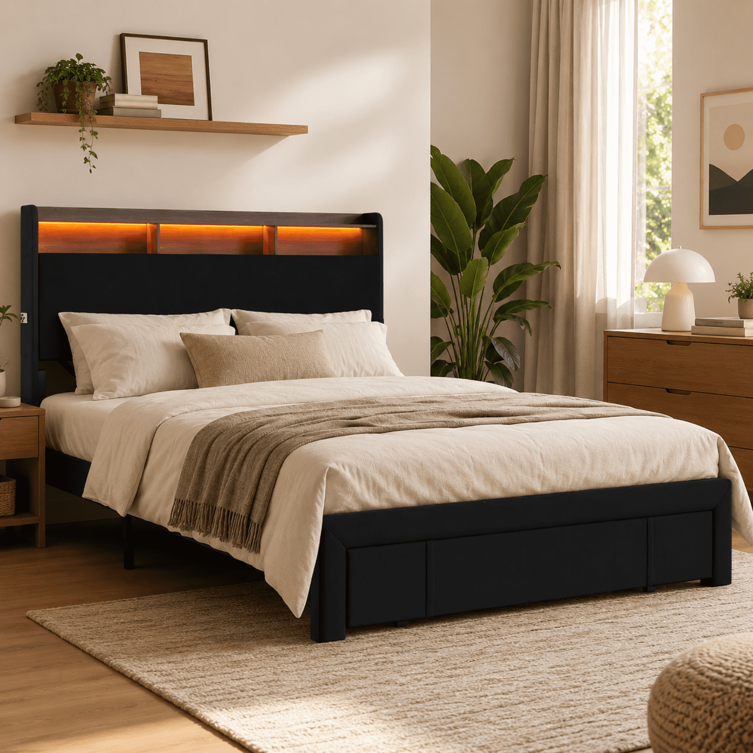 Miniyam Queen Size LED Bed Frame with Upholstered Headboard, Charging Station and Footboard Drawer, Black