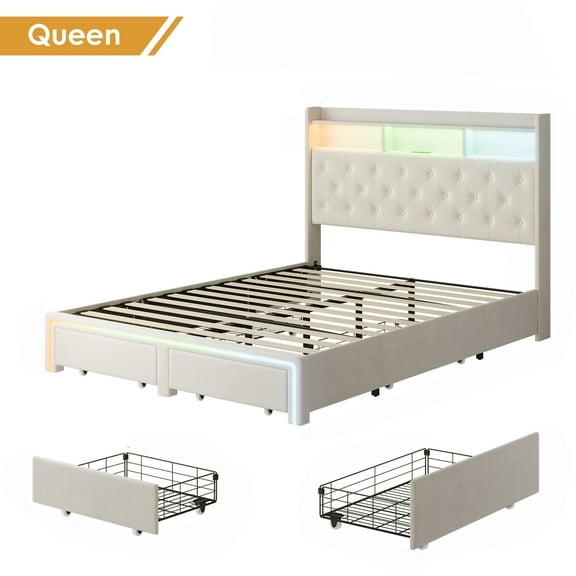 Miniyam Queen Size LED Bed with Storage Drawers, Charging Ports, Velvet Headboard for Adults, Beige