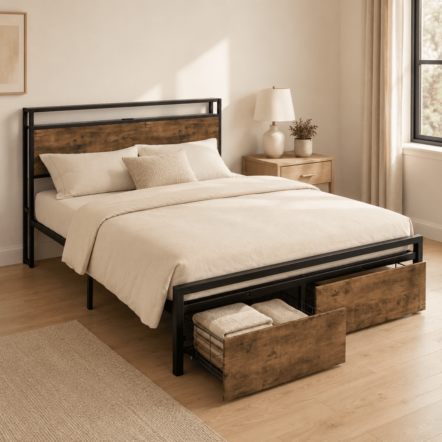 Miniyam Queen Size Bed Frame with RGB LED Lights, Charging Station, 2 Drawers and Storage Headboard