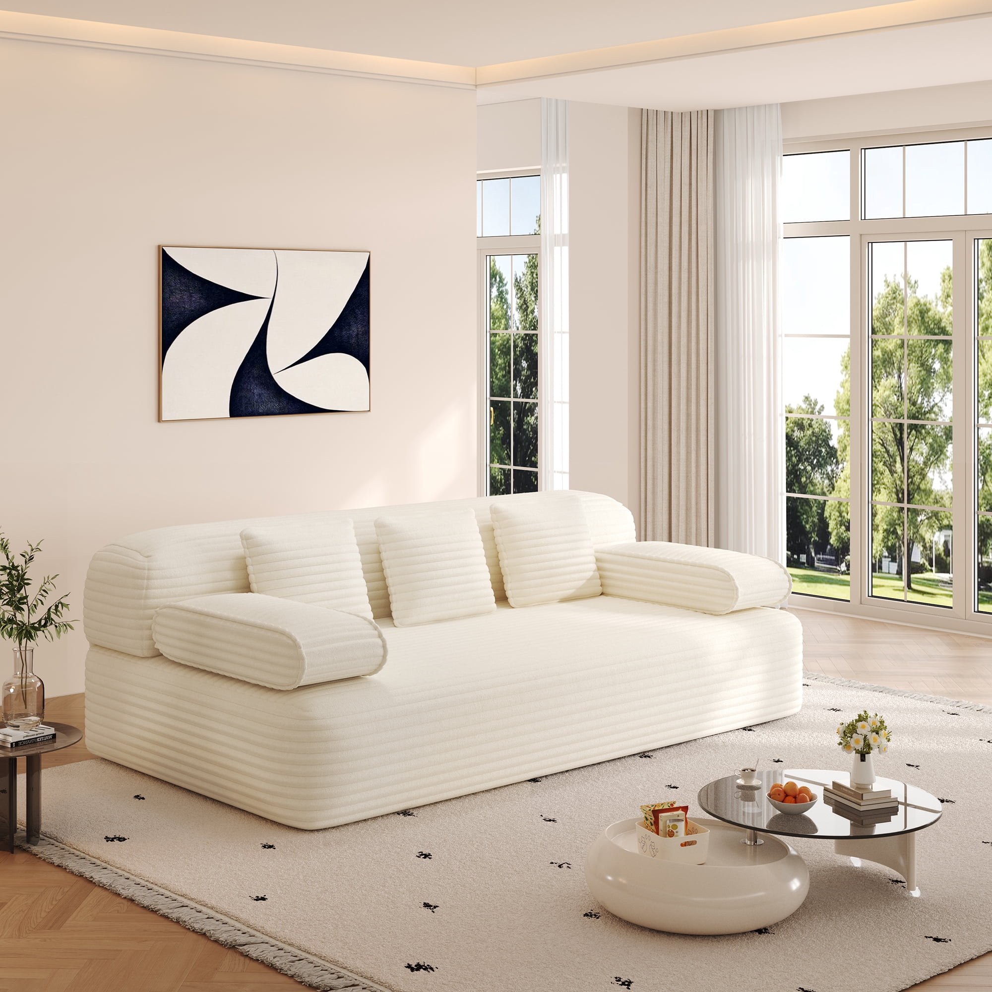 Miniyam 78.7" Sleeper Sofa Bed, Convertible Corduroy Floor Couch, No Assembly, 3 Pillows, Beige