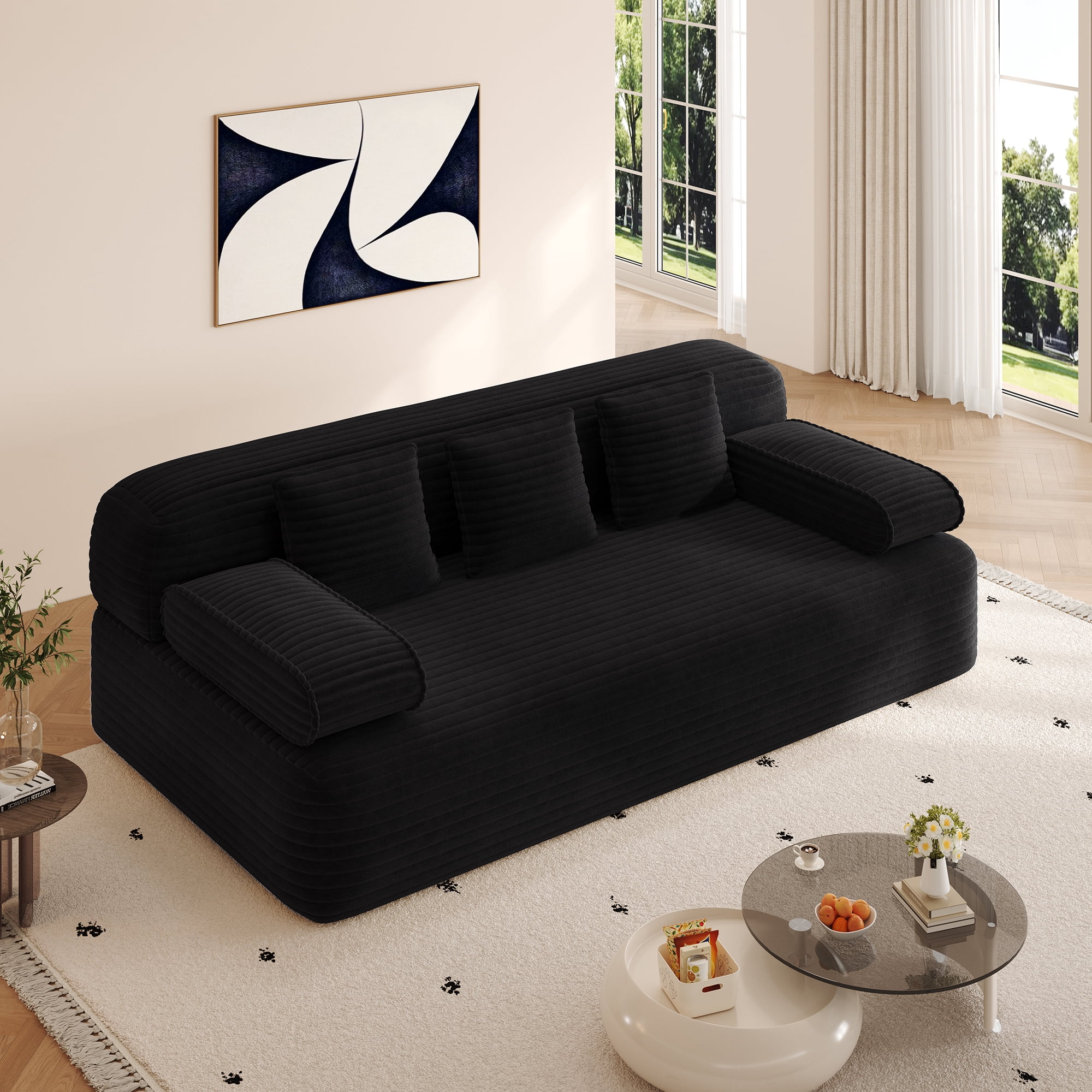 Miniyam 78.7" Sleeper Sofa Bed, Convertible Corduroy Floor Couch, No Assembly, 3 Pillows, Black