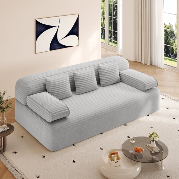 Miniyam Queen Size Sleeper Sofa Bed, Convertible Floor Sofa with Plush Corduroy Upholstery, No Assembly Frameless Sofa Couch for Living Room, Gray
