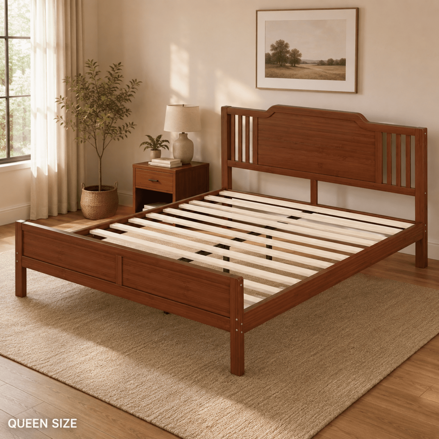 Miniyam Queen Size Solid Bamboo Platform Bed Frame with Headboard, Brown
