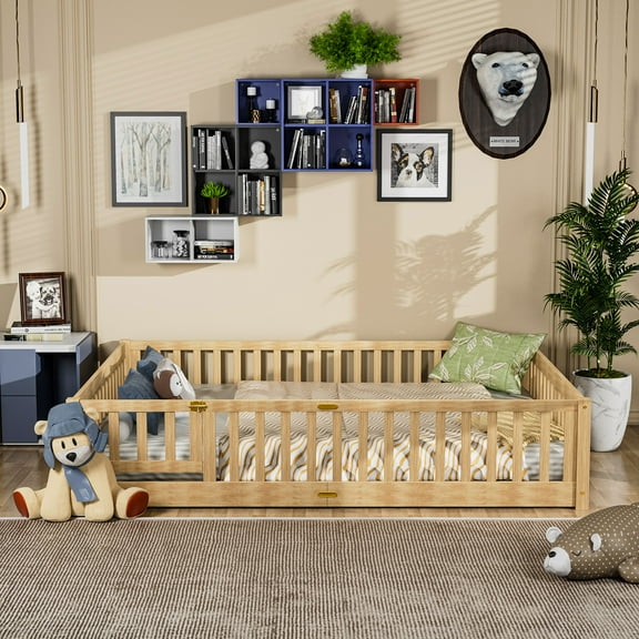 Miniyam Queen Size Toddler Floor Bed with Fence, Natural