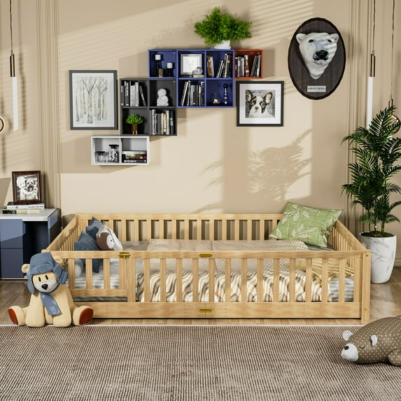 Miniyam Queen Size Toddler Floor Bed with Fence, Natural