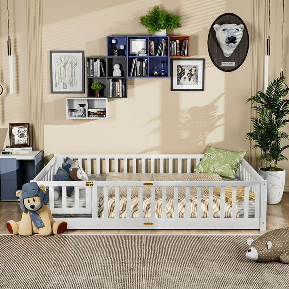 Miniyam Queen Size Toddler Floor Bed with Fence, White