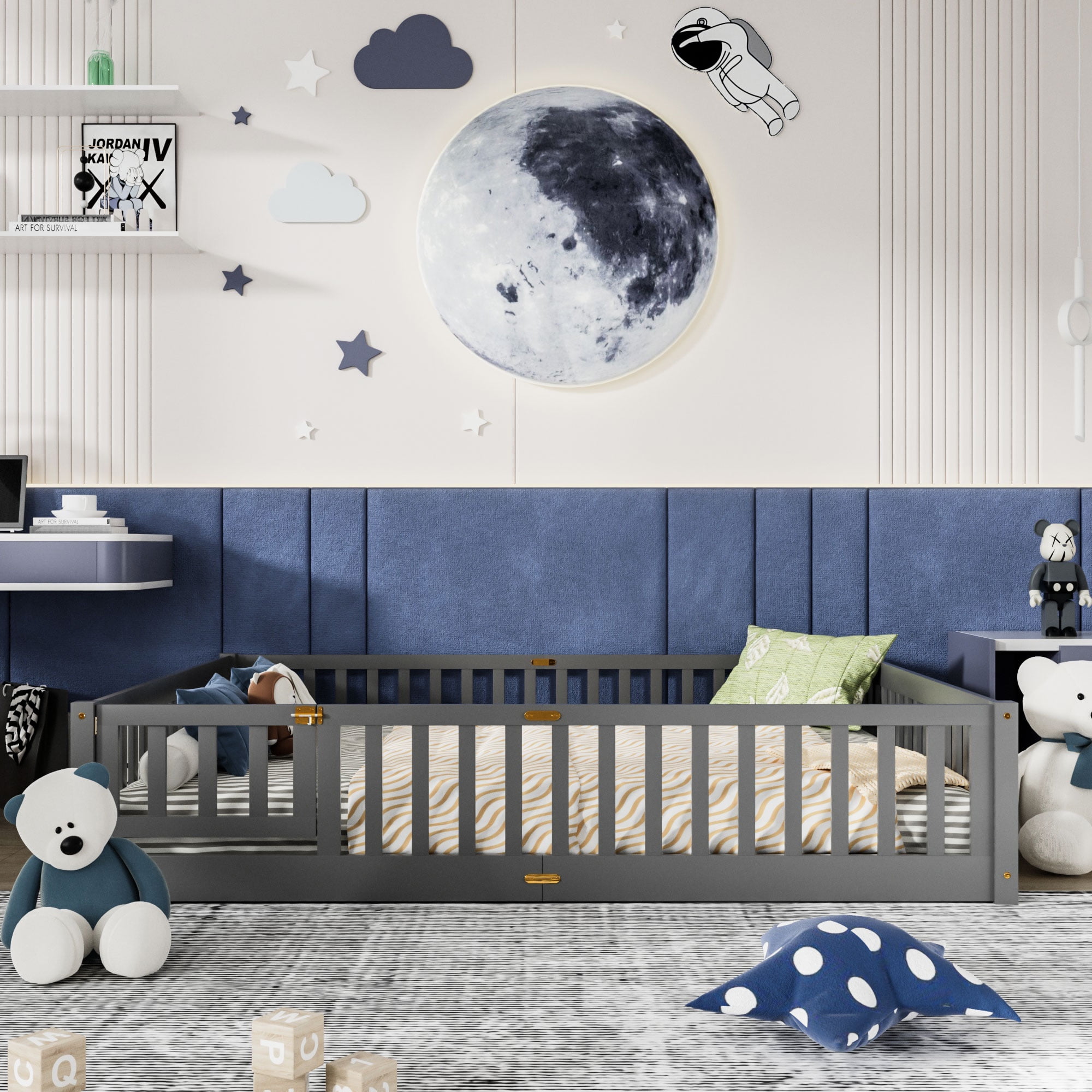 Miniyam Wood Queen Size Floor Bed with Safety Guardrails for Toddler, Gray