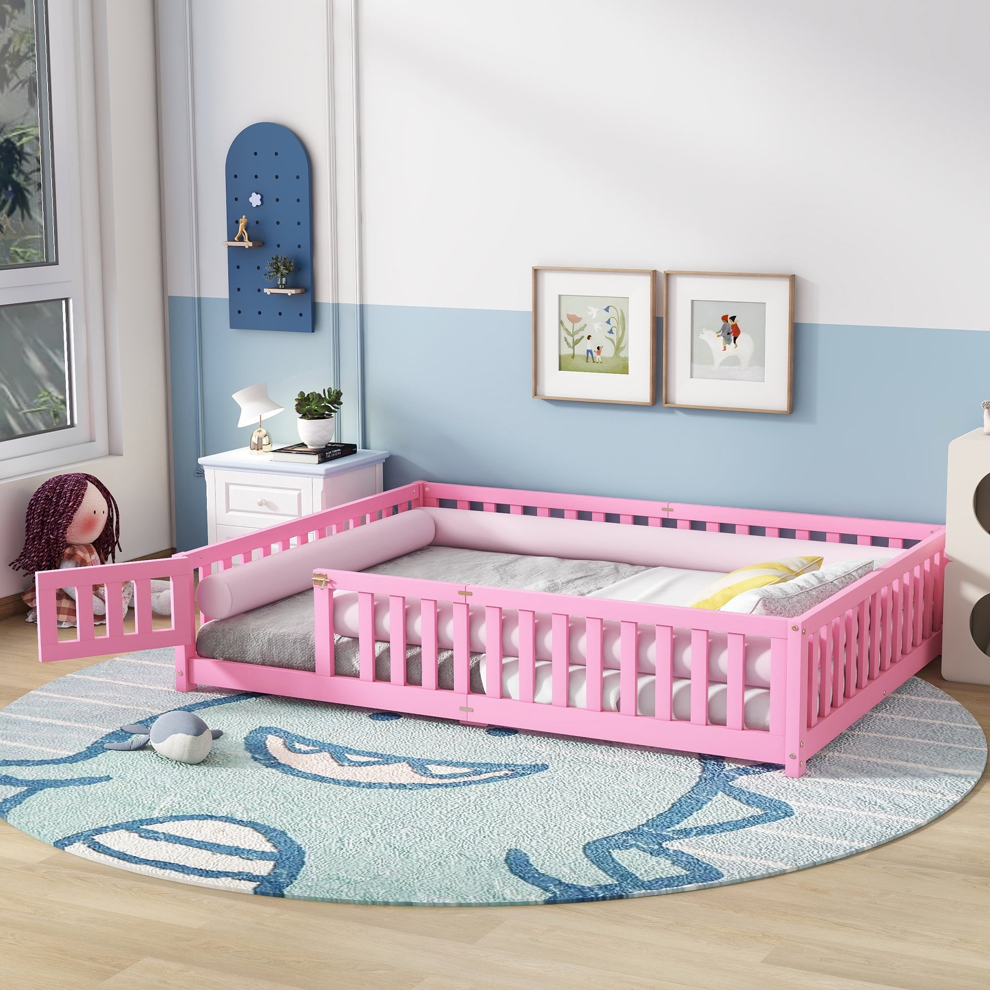 Miniyam Queen Size Toddler Floor Bed with with Safety Guardrails, Pink
