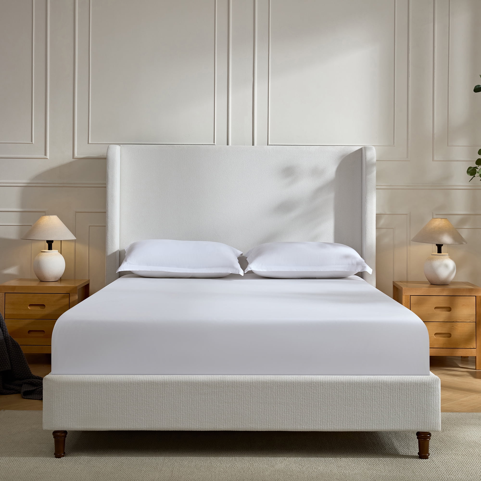 Miniyam Queen Size Upholstered Bed, 54" High Platform Bed with Wingback Headboard for Adult, Cream White