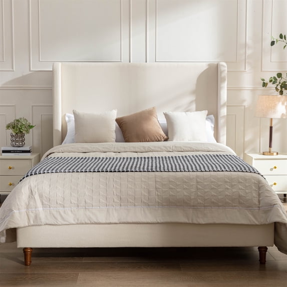 Miniyam Queen Size Upholstered Bed, 54" High Platform Bed with Wingback Headboard, Ivory