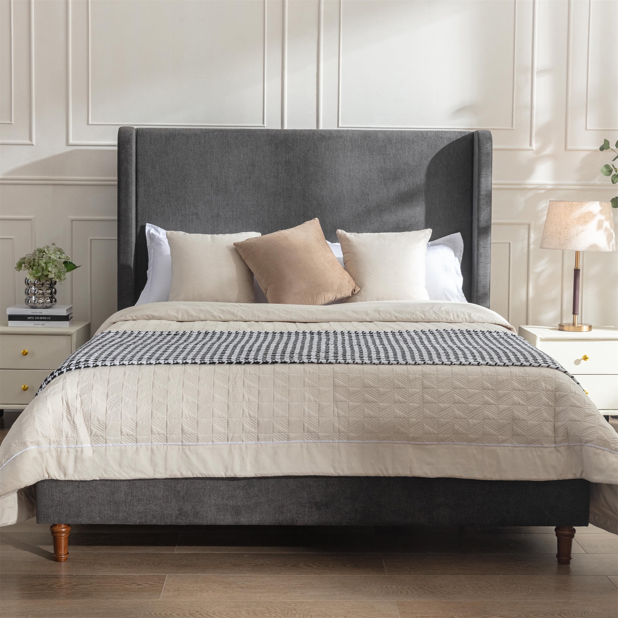 Tall wingback upholstered bed discount
