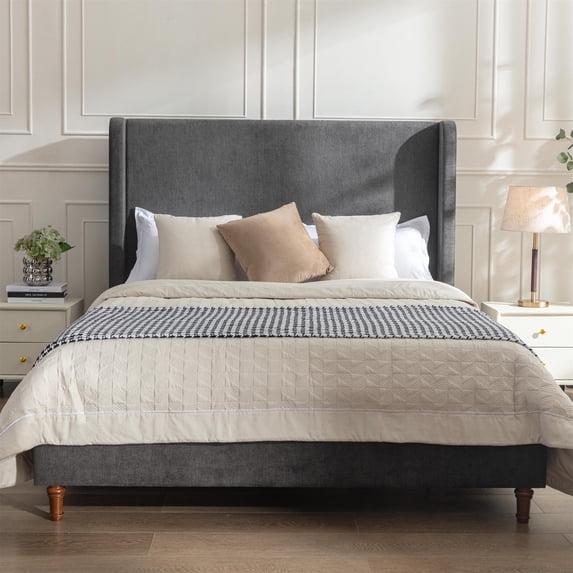 Miniyam Queen Size Upholstered Bed Frame, 54" High Platform Bed with Wingback Headboard for Adult, Gray