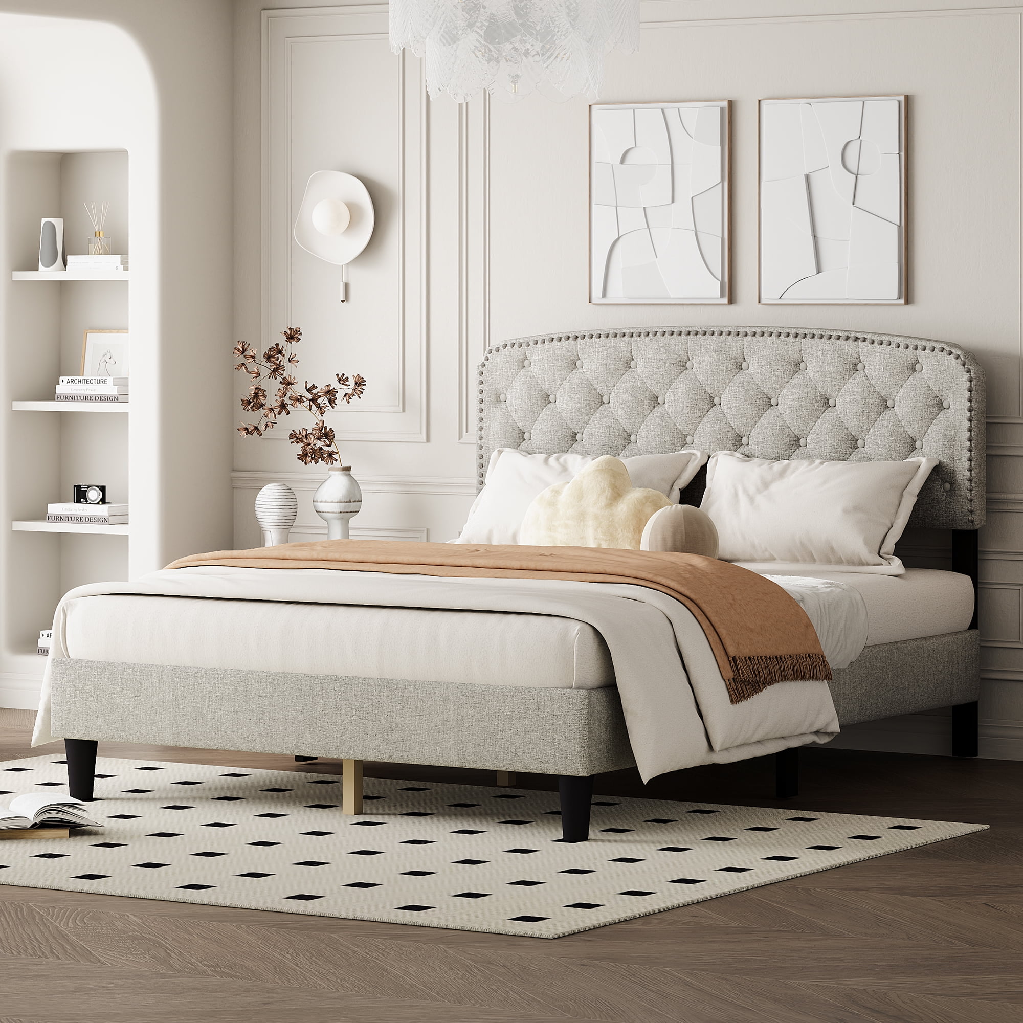 Miniyam Queen Size Upholstered Bed Frame with Button Tufted & Nailhead