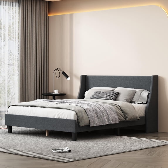 Miniyam Queen Size Upholstered Bed Frame with Wingback Headboard, No Box Spring Needed, Dark Gray