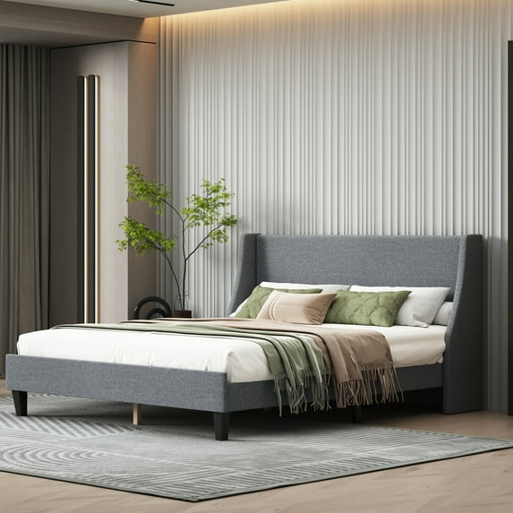 Miniyam Queen Size Upholstered Bed Frame with Wingback Headboard, No Box Spring Needed, Light Gray