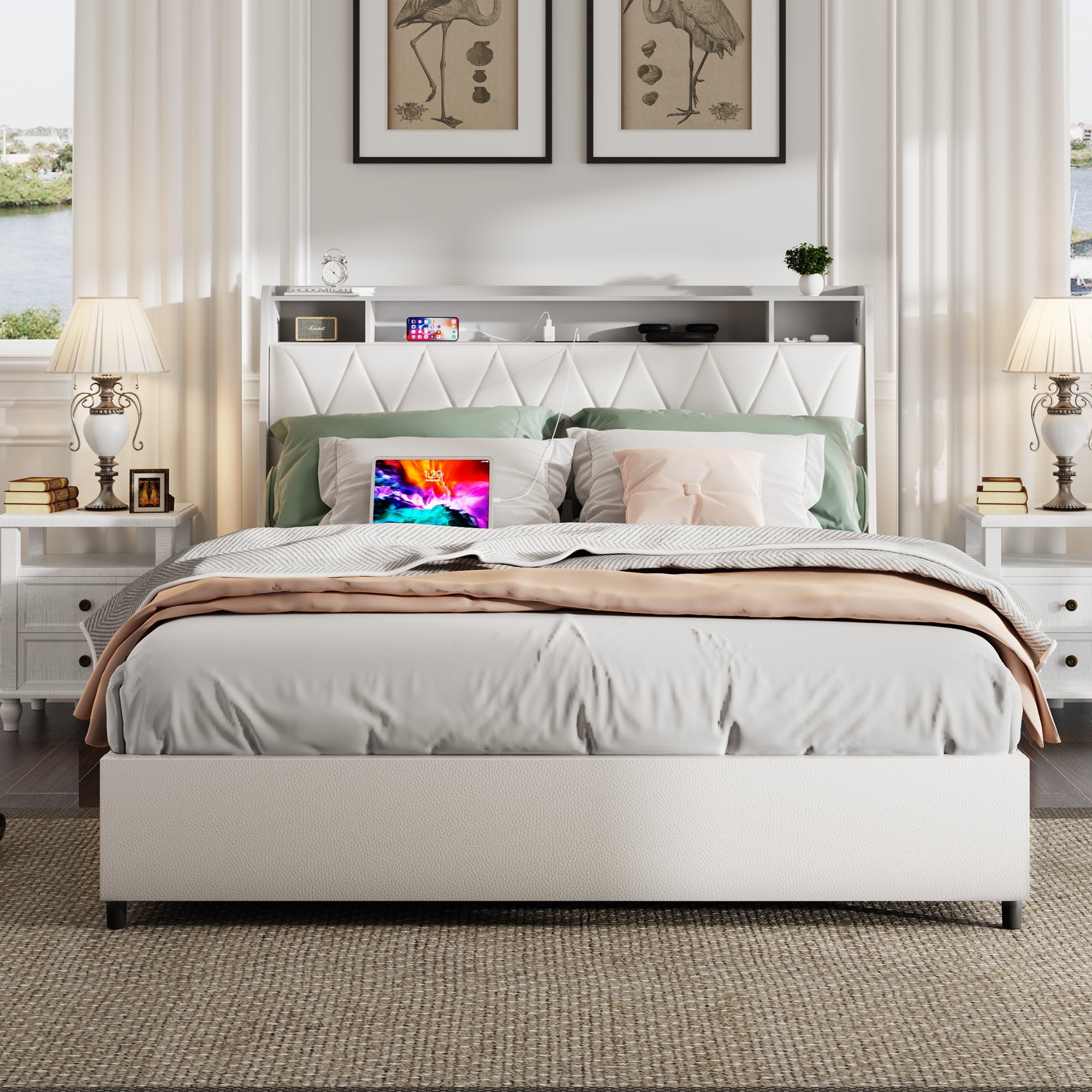 Miniyam Queen Size Upholstered Bed with Outlets & Charger, Storage Drawers for Adult, White