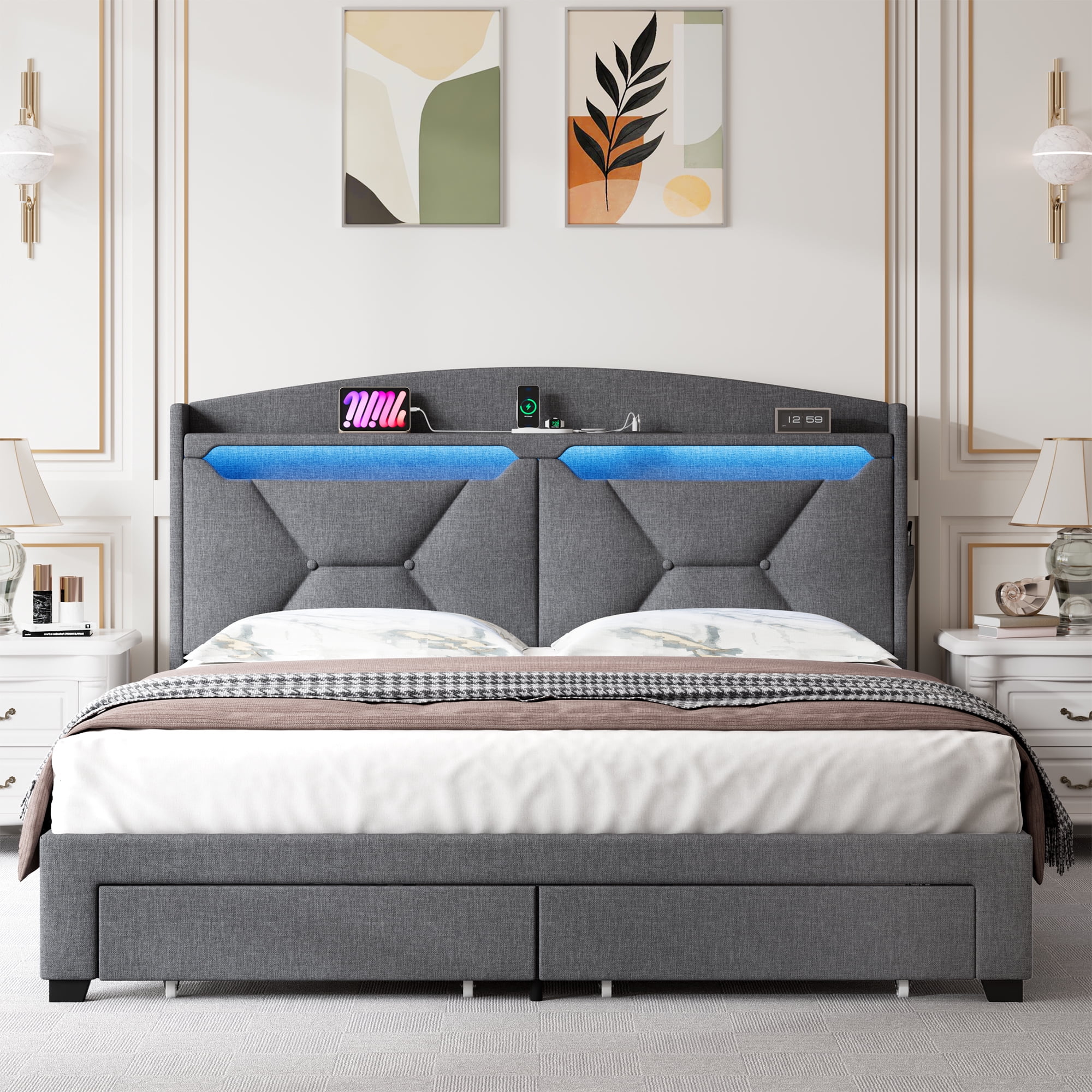 Miniyam Queen Size Upholstered Bed with RGB Headboard, Drawers, USB Ports, Type-C for Adult, Gray