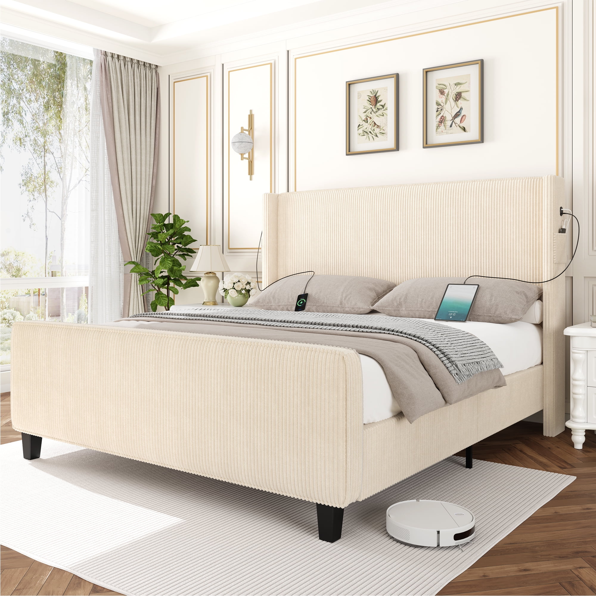 Miniyam Queen Size Upholstered Bed with Wingback Headboard, USB Charging Station for Adult, Beige