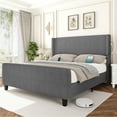 thumbnail image 1 of Miniyam Queen Size Upholstered Bed with Wingback Headboard, USB Charging Station for Adult, Gray, 1 of 7