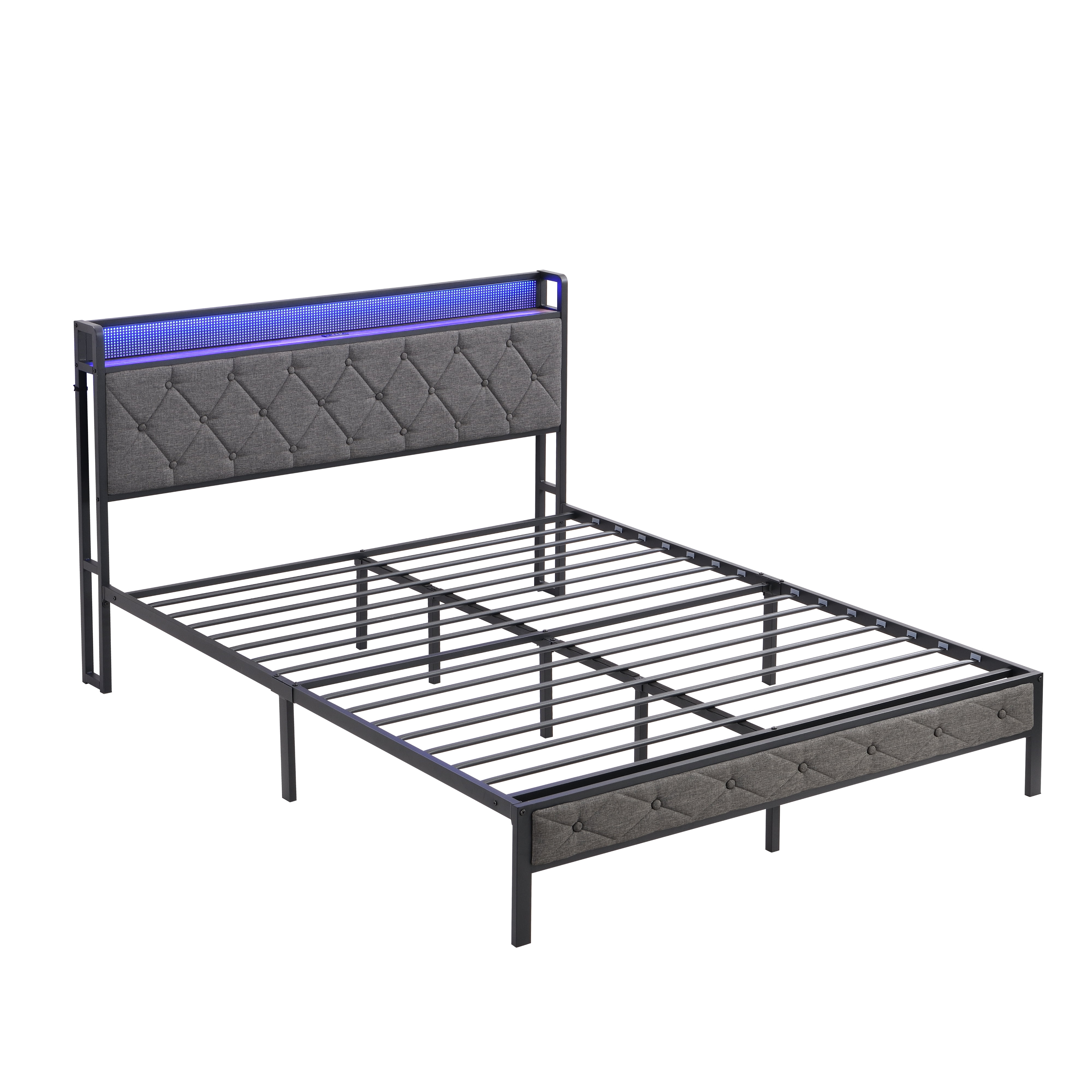 Miniyam Queen Size Upholstered Platform Bed Frame with 3 USB Ports & LED Lights for Adult, Light Gray
