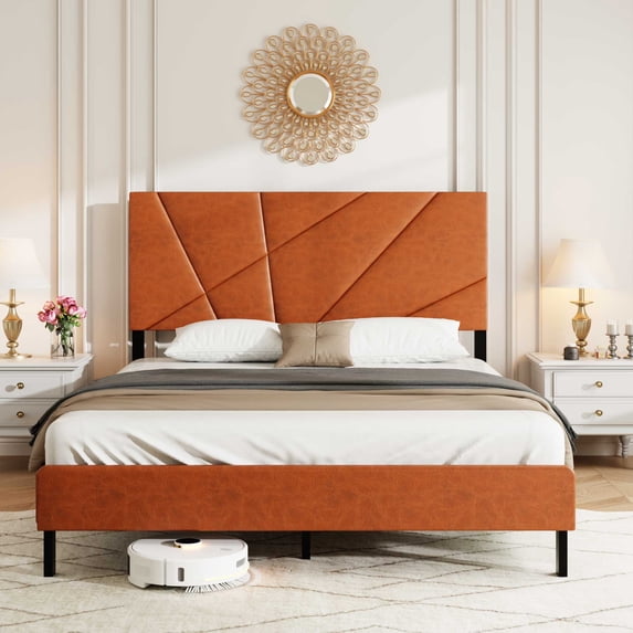 Miniyam Queen Size Upholstered Platform Bed with Faux Leather Headboard for Adult, Metal Slats, Brown