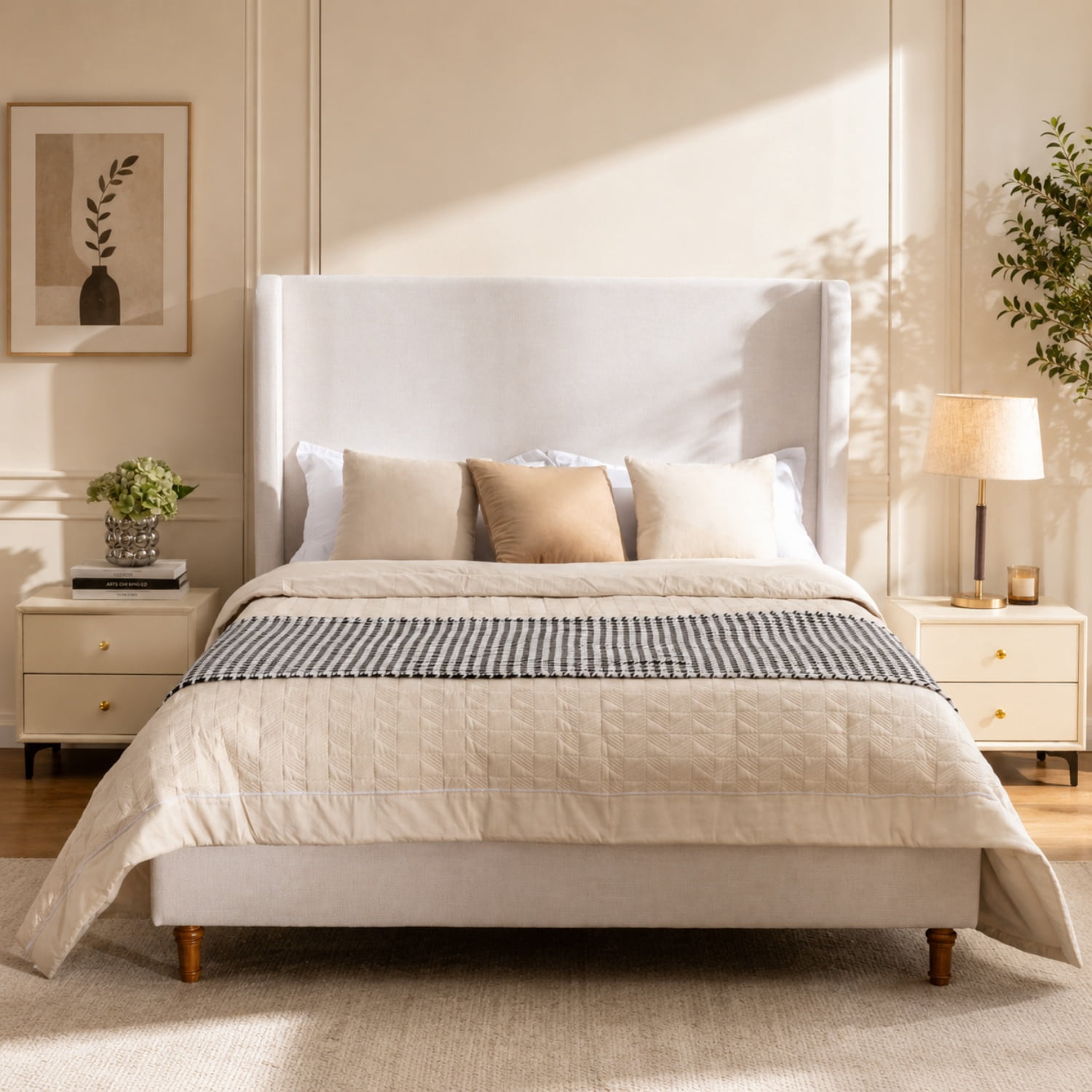 Miniyam Queen Size Upholstered Wingback Bed with 54" Headboard for Adult, Ivory