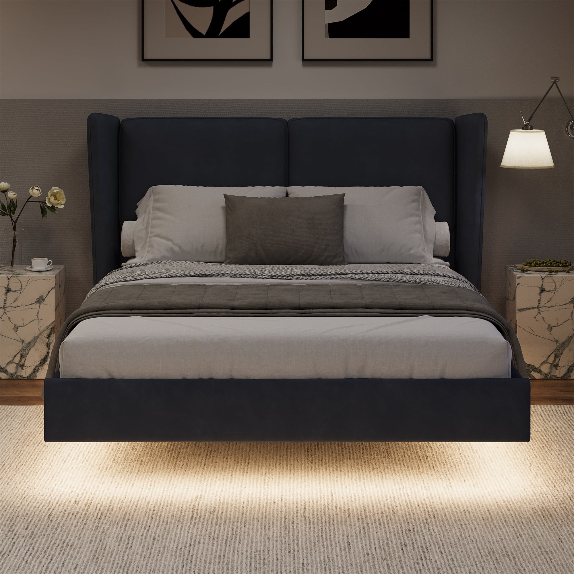 Miniyam Queen Size Velvet Floating Bed Frame with LED Lights and ...