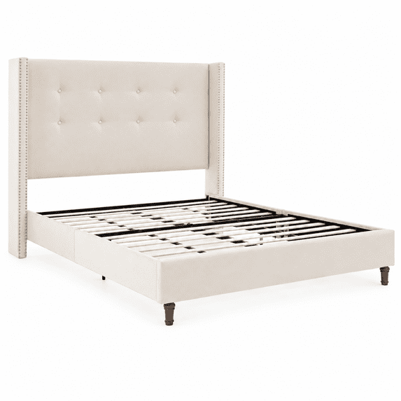 Miniyam Queen Upholstered Platform Bed with 54 in. Tall Button-Tufted Wingback Headboard