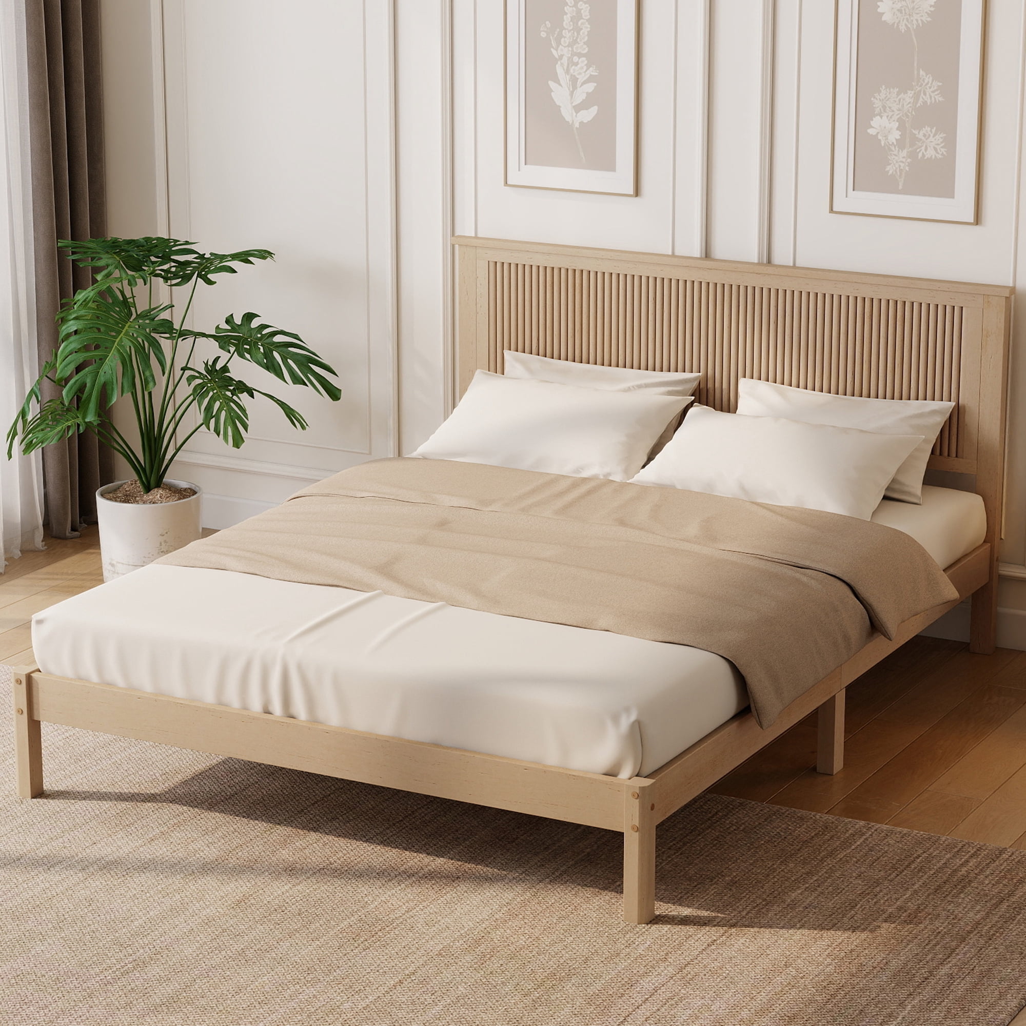 Miniyam Queen Size Wooden Platform Bed Frame with Headboard, Fluted Wave Design, Natural