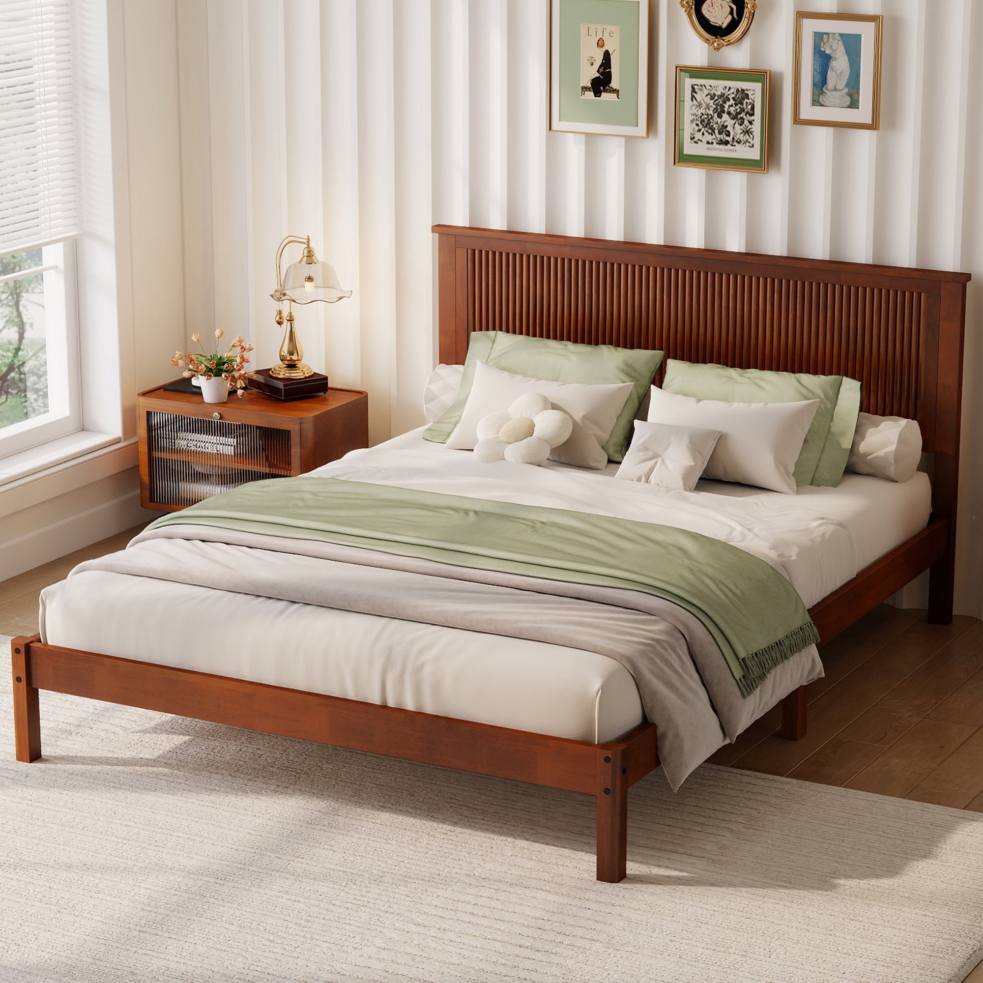 Miniyam Queen Size Wooden Platform Bed Frame with Headboard, Fluted Wave Design, Walnut
