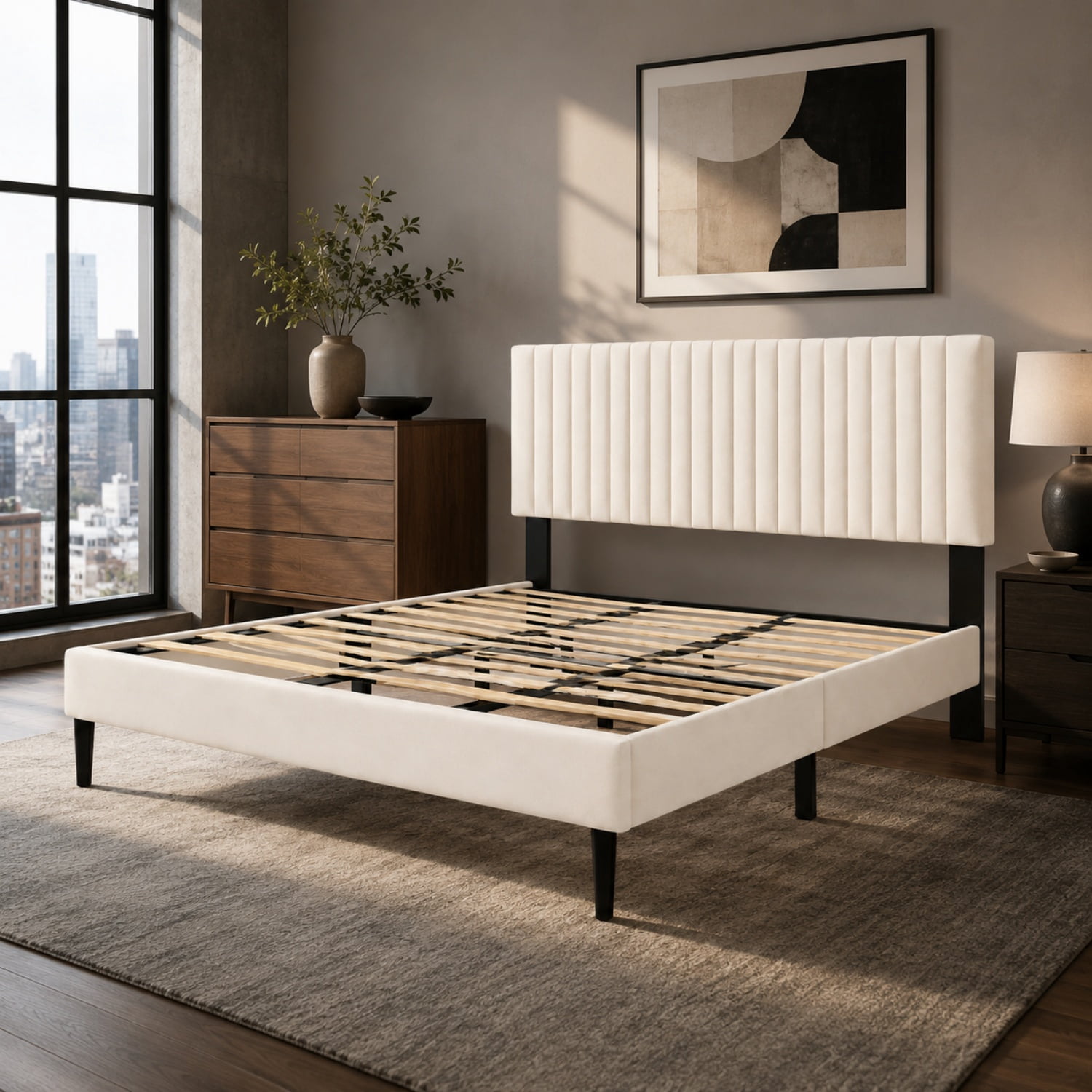 Miniyam Queen Upholstered Bed Frame with Adjustable Headboard, Platform Bed with Wood Slat Support, Beige