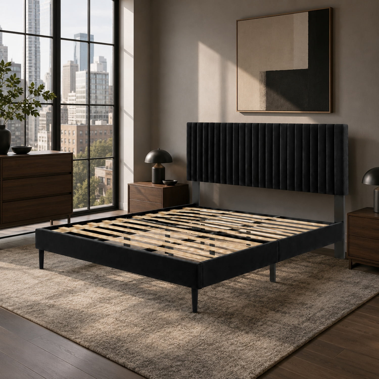 Miniyam Queen Upholstered Bed Frame with Adjustable Headboard, Platform Bed with Wood Slat Support, Black