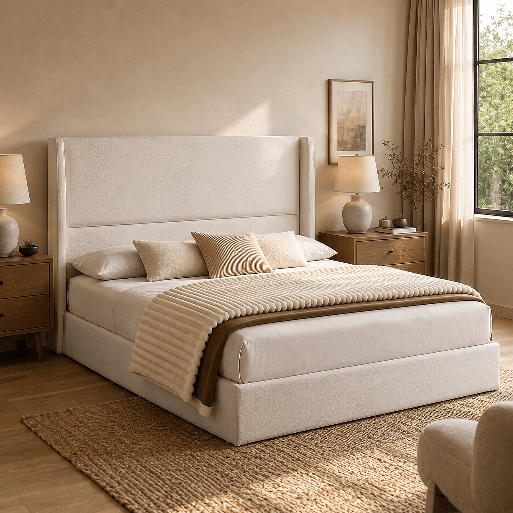 Miniyam Queen Upholstered Platform Bed Frame with 50.78" High-Back Headboard, Beige Chenille, No Box Spring