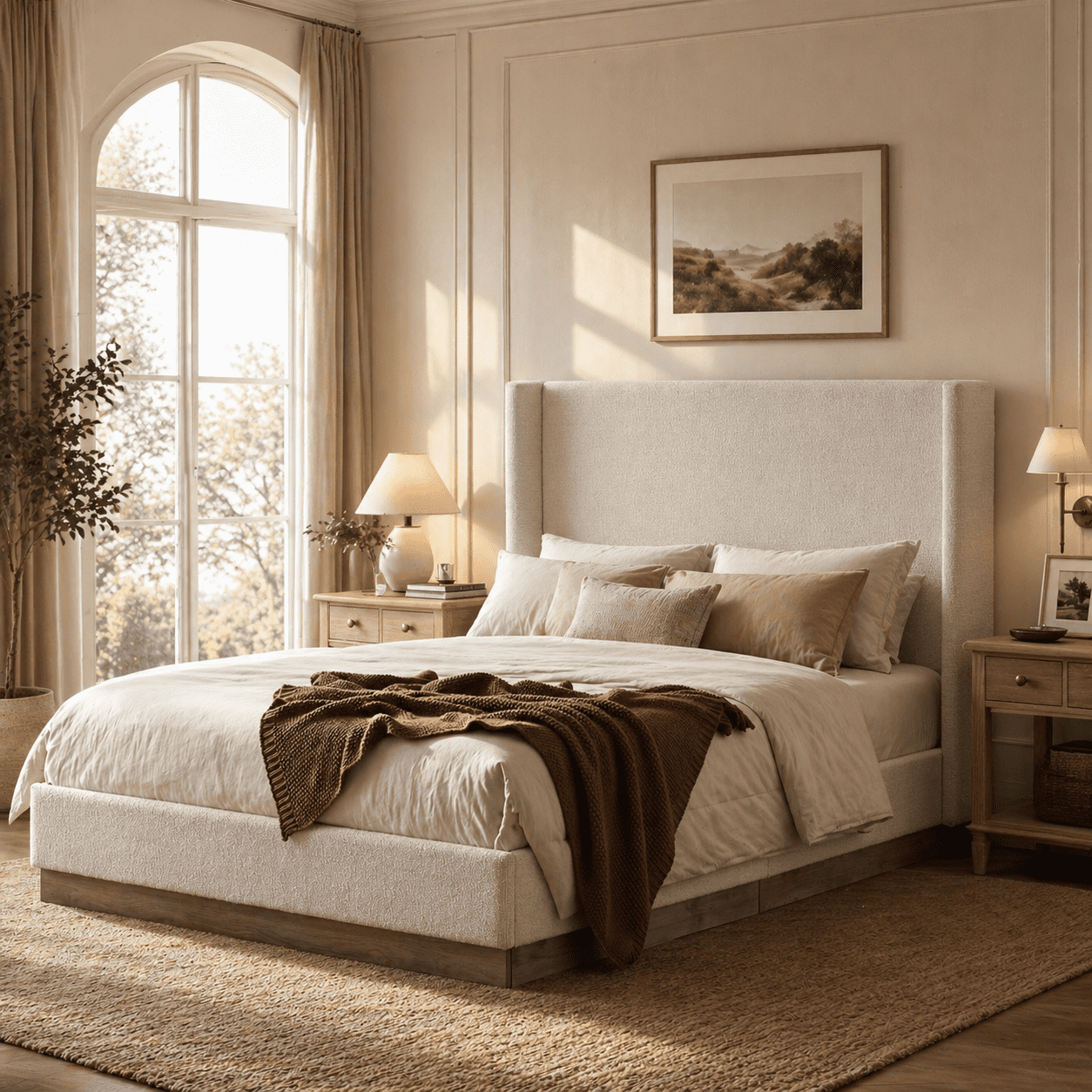 Miniyam Queen Upholstered Wingback Bed with 53.1" Tall Boucle Headboard, Hidden Wood Base, Metal Frame, No Box Spring, for Adults & Teens