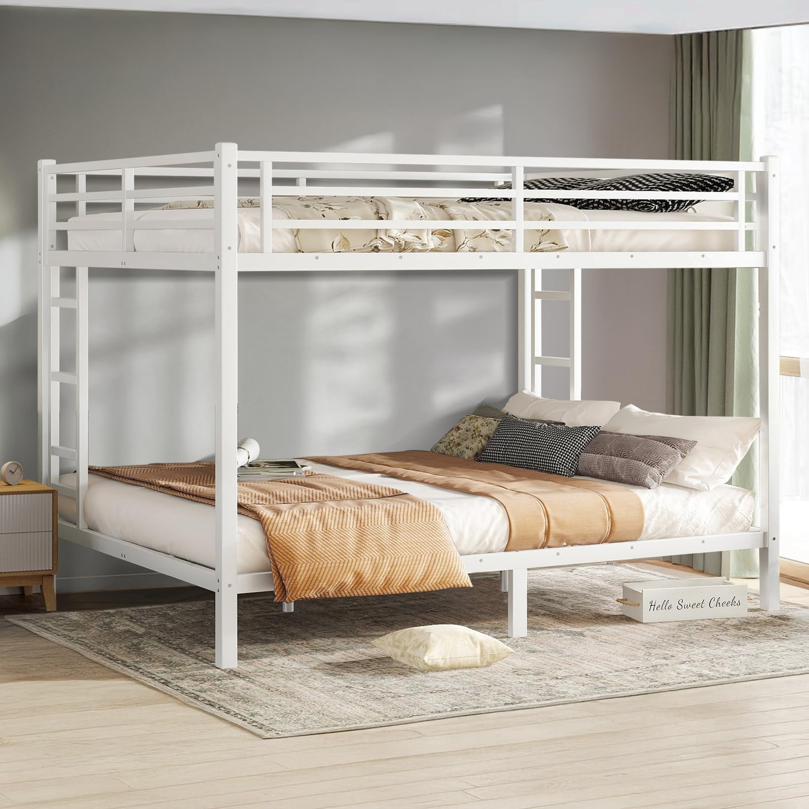 Miniyam Queen over Queen Metal Bunk Bed with Guardrail & Dual Ladders,Black