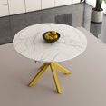 thumbnail image 1 of Miniyam Round Extendable Dining Table, Faux Marble Top with Yellow X-Shaped Steel Base, 43" to 59" Modern Kitchen Table for 4–6 People, Walnut, 1 of 7