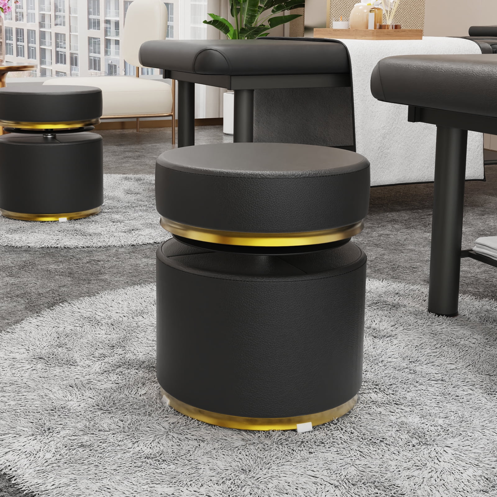 Miniyam Round Swivel Stool with Adjustable Height, 660LBS Load, PU Leather, Black