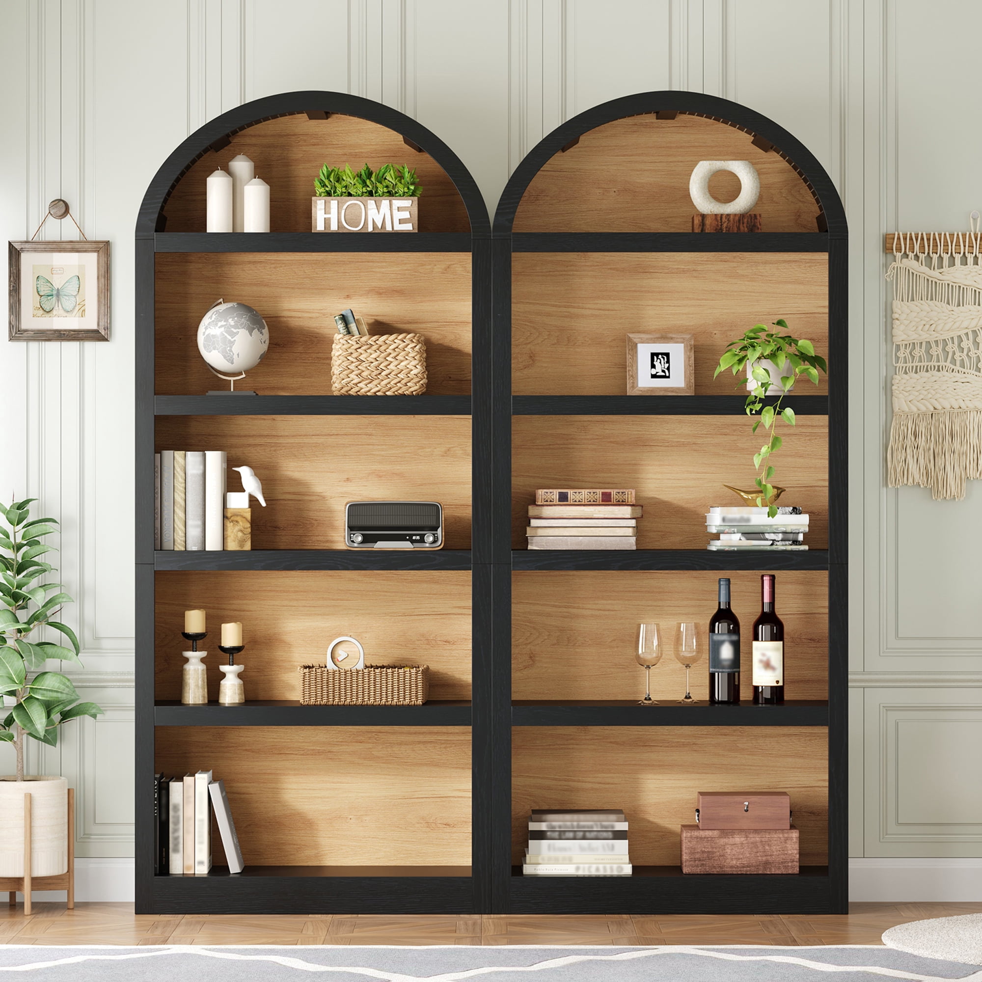 Miniyam Set of 2 Farmhouse Freestanding Bookshelves, Two-Tone Open Storage Cabinet with Fabric Arched Top, 5-Tier Display Bookcase for Home Office, Black