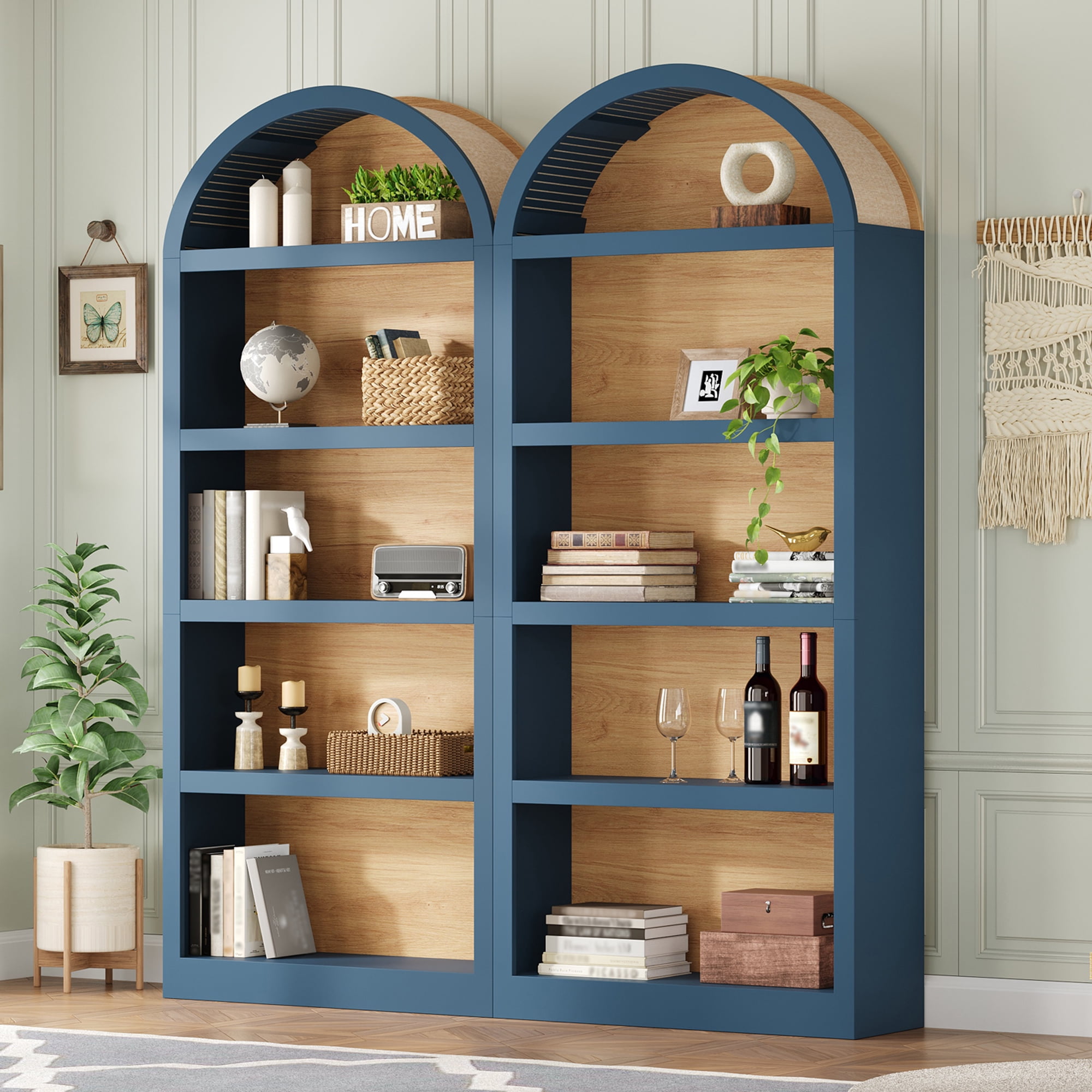 Miniyam Set of 2 Farmhouse Freestanding Bookshelves, Two-Tone Open Storage Cabinet with Fabric Arched Top, 5-Tier Display Bookcase for Home Office, Blue