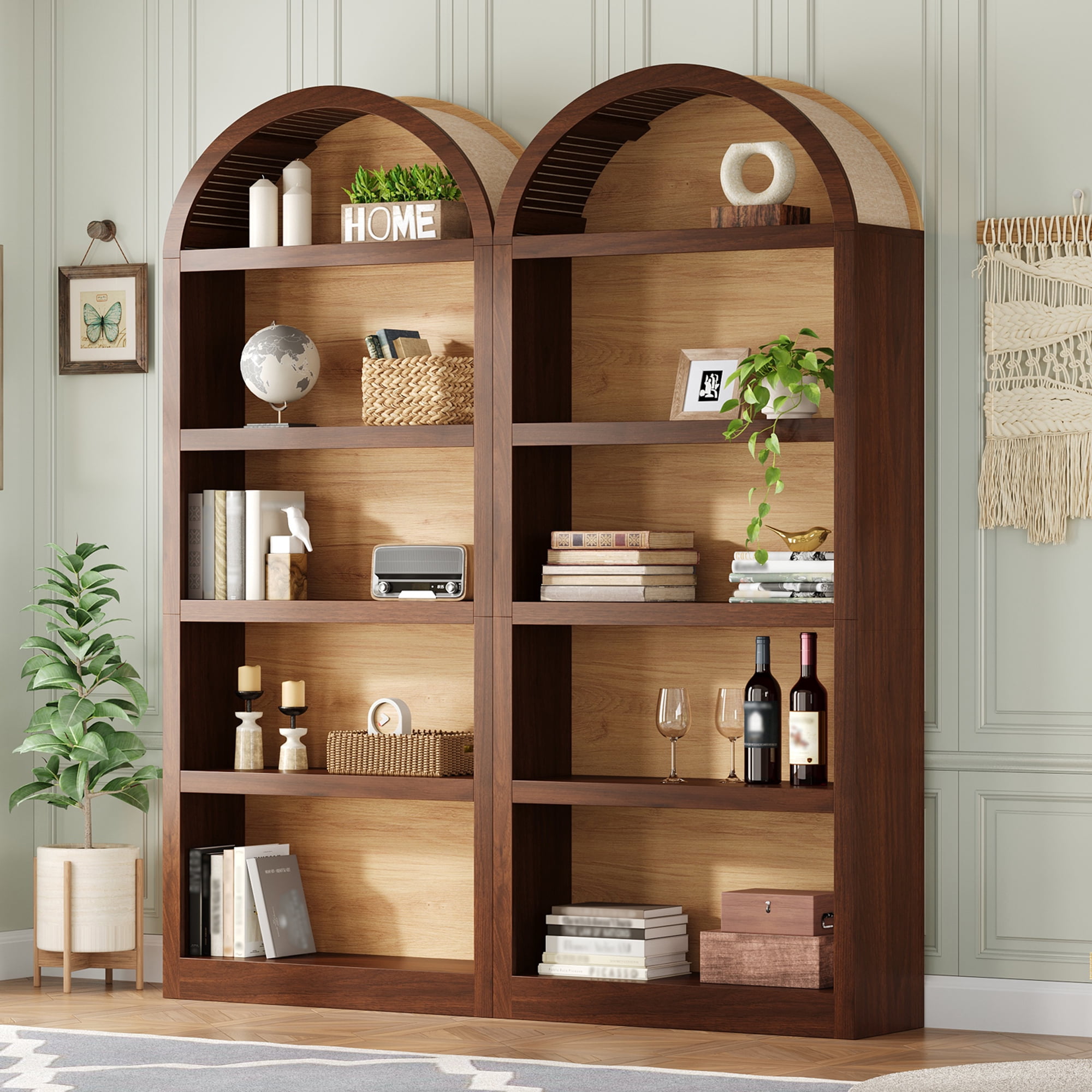 Miniyam Set of 2 Farmhouse Freestanding Bookshelves, Two-Tone Open Storage Cabinet with Fabric Arched Top, 5-Tier Display Bookcase for Home Office, Walnut