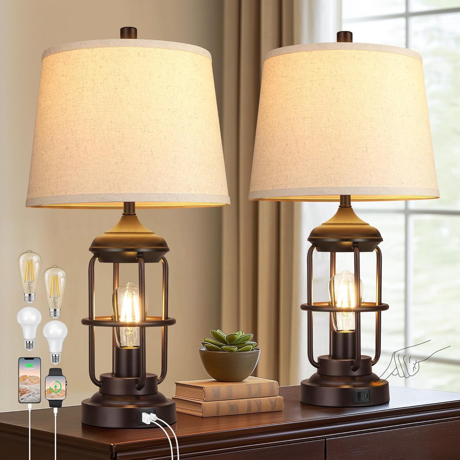 Miniyam Set of 2 Table Lamp with USB Ports, Touch Control 3-Way Dimmable Bedside Lamp with 2 LED Night Light for Living Room Bedroom Decor (2700K Bulbs Included)